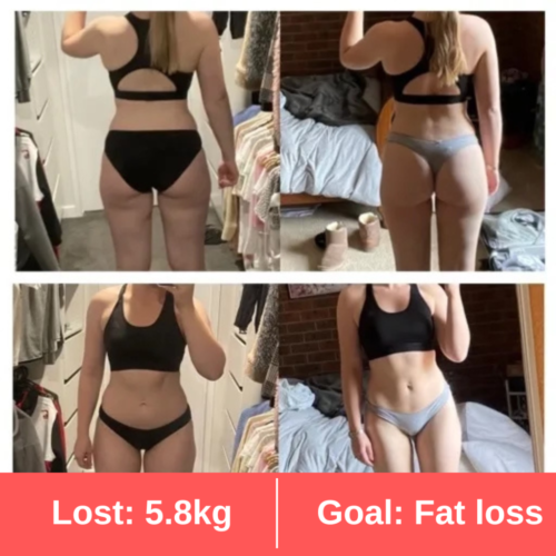 A before-and-after photo showing the weight loss transformation of a client, highlighting the success achieved with the guidance of our online weight loss nutritionist and personal trainer.